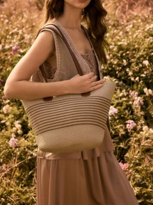 Glizzene 草编手提包 大容量草编包 女士手提包 2025新款时尚百搭通勤单肩包 沙滩包 旅行度假沙滩草编手提包 条纹编织女包，度假必备 情人节婚礼 - 白色 - 查看 4