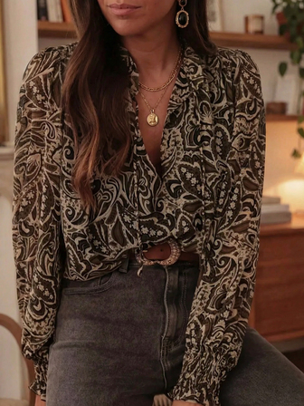 时尚通勤全印花纽扣荷叶边下摆衬衫