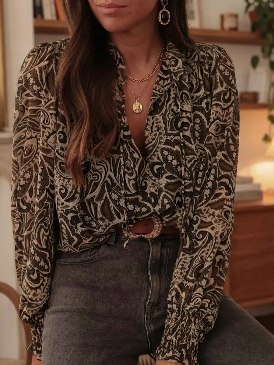 Fashionable Commuter All-Over Print Button Ruffle Hem Shirt - Multicolor - View 1