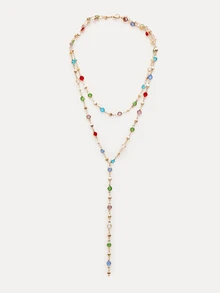 TuEzra 1pc Fashionable Colorful Crystal Tassel Pendant Y-Necklace, Unique Collarbone Chain Valentine's Day - Gold - View 2