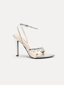 TuEzra نساء ماسي سلسلة الكريستال الحلقي متصالب حزام الكاحل تشكيلة أصابع القدم مدببة كعب وردي رفيع، أحذية صندل أنيقة وجذابة للحفلات والحفلات الراقية، كعب عالي لامع فضي