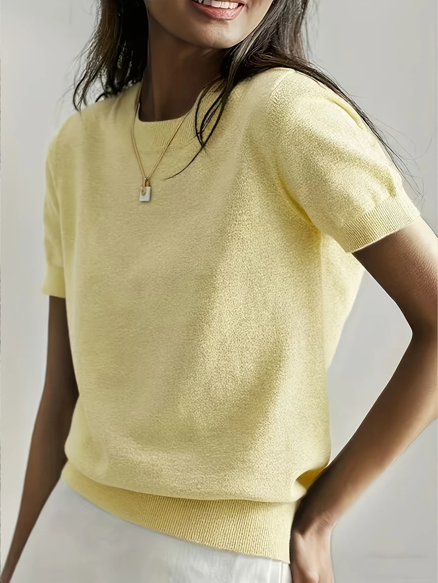 Women's Lightweight Solid Color Short Sleeve Knit T-Shirt, Minimalist Summer Top - Light Yellow - View 1
