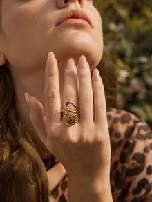 Glizzene 1 pieza Anillo abierto geométrico de acero inoxidable con estampado de leopardo, diseño minimalista y de moda, adecuado para uso diario, regalo para novia/amiga (talla ajustable, evite doblar con fuerza para evitar deformación) Día de San Valentín Boda - Multicolor - Ver 8