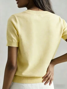 Women's Lightweight Solid Color Short Sleeve Knit T-Shirt, Minimalist Summer Top - Light Yellow - View 2