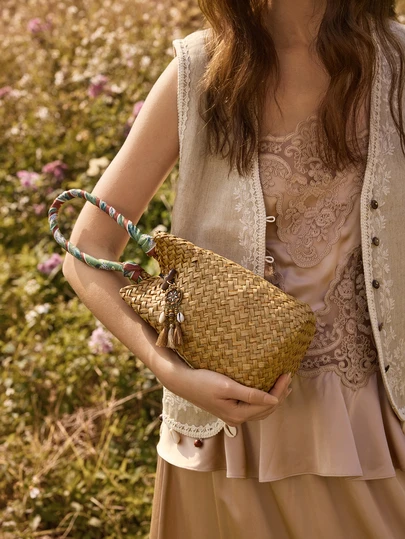 Glizzene 1 pezzo Borsa stile bohémien, alla moda, con nappe intrecciate, borsa casual da spiaggia per vacanze, borsa da picnic all'aperto, adatta per ufficio, pendolarismo, appuntamenti, shopping, tempo libero, vacanze, spiaggia, festival musicali, feste, matrimoni, scuola (il colore naturale della paglia può avere leggere variazioni), outfit bohémien per donne per San Valentino e matrimoni