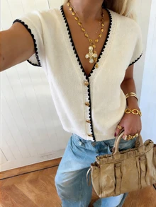 Áo khoác cardigan dệt kim cổ chữ V mở phía trước mới của SEREN dành cho nữ mùa xuân/hè, thanh lịch, thoải mái, dáng rộng, tay ngắn, viền phối màu, áo len mùa hè cho nữ, chiều dài tiêu chuẩn, màu trắng, áo kiểu cho trang phục ngày lễ, lễ hội âm nhạc dành cho nữ - trắng - Xem 2