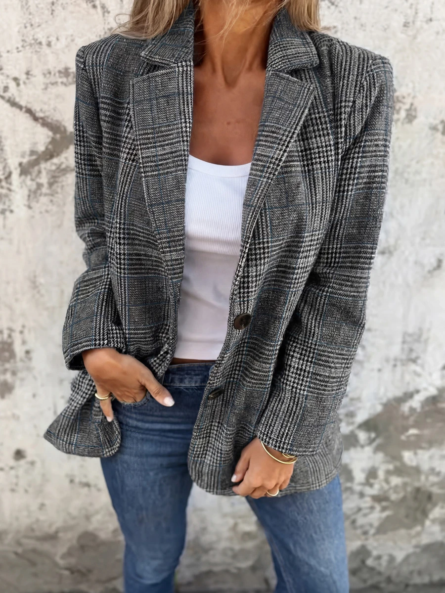 Women's Casual Retro Houndstooth Lapel Blazer Jacket, Fashion Style For Autumn/Winter - Grey - View 1