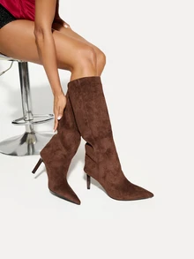 TuEzra 女士时尚麂皮尖头细高跟套脚靴，棕色、卡其色、黑色可选，优雅西部风格派对装扮，秋冬季过膝长靴，猫跟靴