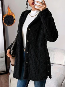 女士秋冬新款欧美风双面抓绒连帽纯色开衫，纽扣长袖休闲保暖外套 黑色 - 黑色 - 查看 1