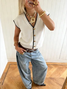 Áo khoác cardigan dệt kim cổ chữ V mở phía trước mới của SEREN dành cho nữ mùa xuân/hè, thanh lịch, thoải mái, dáng rộng, tay ngắn, viền phối màu, áo len mùa hè cho nữ, chiều dài tiêu chuẩn, màu trắng, áo kiểu cho trang phục ngày lễ, lễ hội âm nhạc dành cho nữ - trắng - Xem 5