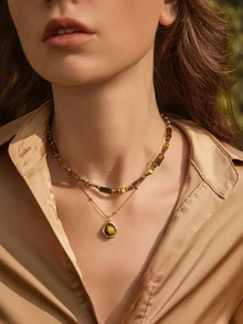 Glizzene 1件/套 复古优雅多层虎眼石吊坠项链，女士双层锁骨链首饰套装，时尚首饰，闺蜜礼物（天然石色及圆/方珠数量和形状随机）情人节婚礼 - 彩色 - 查看 4