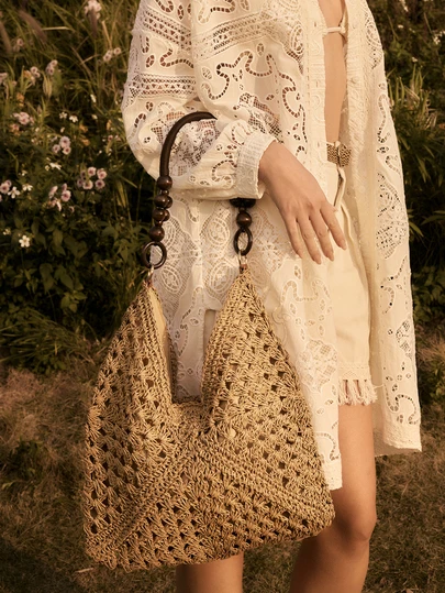 Glizzene Large Capacity Portable Women's Woven Straw Shoulder Bag Medium Handbag With Handle For Beach Vacation Valentine's Day Wedding