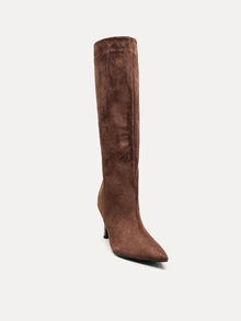 TuEzra 女士时尚麂皮尖头细高跟套脚靴，棕色、卡其色、黑色可选，优雅西部风格派对装扮，秋冬季过膝长靴，猫跟靴