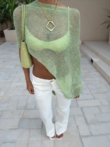 SEREN Women's Summer New Green Sexy Single Shoulder Top, Casual Thin Irregular Hem See Through Women's Sun Visor, Loose Beach Vacation Style Women's Knitted Top, Women's Beach Clothing Beach Wear, Music Festival, Vacation, Bohemian, Sexy, Women's Sun Visor, Women's Beach Wear, Summer Clothing, Summer Top, Women's Summer Clothing,Holiday Outfits,Summer Vacation Outfits,Vacation Outfits For Women - Green - View 3