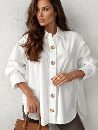 Solstice Apparel 大码女式衬衫，正面纽扣，重金属搭扣，落肩翻领，宽松白色，休闲通勤及办公春季衬衫