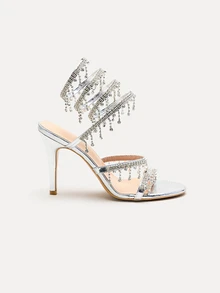 TuEzra Giày cao gót Stiletto cho nữ, thời trang tối giản quai dán đá Rhinestone, mũi tròn, kiểu dáng cơ bản cho mùa hè và mùa thu - Bạc - Xem 2