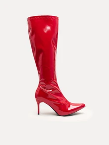 TuEzra 女士性感细高跟侧拉链过膝长靴，适合派对和秋季穿着，红色高跟鞋