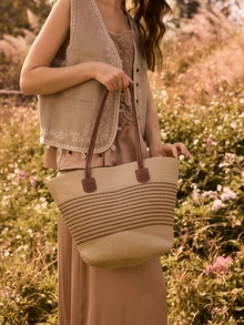 Glizzene 草编手提包 大容量草编包 女士手提包 2025新款时尚百搭通勤单肩包 沙滩包 旅行度假沙滩草编手提包 条纹编织女包，度假必备 情人节婚礼 - 白色 - 查看 2