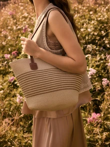 Glizzene 草编手提包 大容量草编包 女士手提包 2025新款时尚百搭通勤单肩包 沙滩包 旅行度假沙滩草编手提包 条纹编织女包，度假必备 情人节婚礼 - 白色 - 查看 5