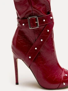 TuEzra 2025秋冬季12厘米性感时尚皮革绑带金属扣铆钉尖头休闲百搭侧拉链酒红色女士高筒靴/高跟鞋 - 酒紅色 - 查看 7