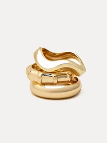 TuEzra Set de 3 piezas/1 set de pulseras minimalistas de onda geométrica dorada, nudo de bambú y asimétrica, adecuado para mujeres, de metal simple grueso y aleación de cinc - Amarillo Oro - Ver 4