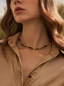 Glizzene 1件/套 复古优雅多层虎眼石吊坠项链，女士双层锁骨链首饰套装，时尚首饰，闺蜜礼物（天然石色及圆/方珠数量和形状随机）情人节婚礼 - 彩色 - 查看 11