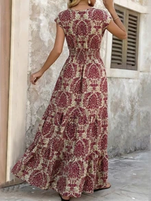 新款夏季度假女士 V 领印花连衣裙，A 字长裙，喇叭下摆 - 紫色 - 查看 3