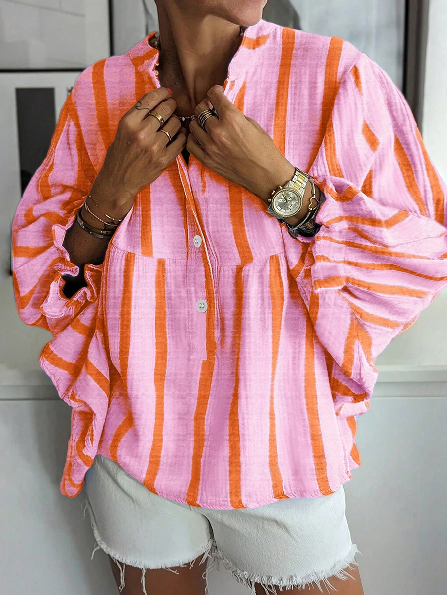 1pc Women's Casual V-Neck Ruffle Sleeve Striped Print Loose Blouse, Spring/Summer/Autumn, Pink & Blue - Pink - View 1