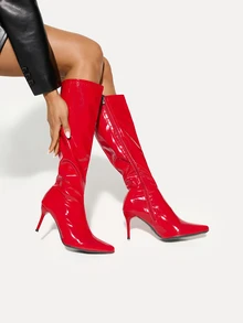 TuEzra 女士性感细高跟侧拉链过膝长靴，适合派对和秋季穿着，红色高跟鞋