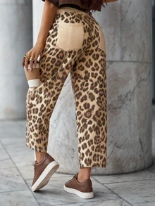 Women's Leopard Print Drawstring Knotted Pocket Contrast Color Casual Tapered Pants, Suitable For Daily Wear - Khaki - View 2