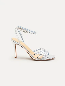 TuEzra Giày cao gót quai mắt cá chân đính đá Rhinestone cho nữ, Giày cao gót PVC ngoài trời màu bạc quyến rũ cho ngày lễ tình nhân - Bạc - Xem 2