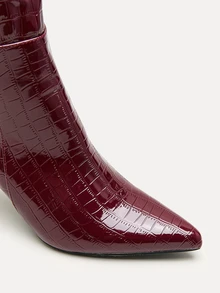 TuEzra Classic Pointed-Toe Women's Sexy Stiletto High Heel Winter Stone Texture Zipper Warm Boots, Brown & Burgundy PU Leather,Knee High Boots Valentine's Day