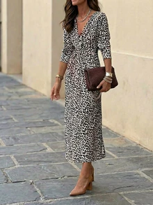 Solstice Apparel Plus Size Leopard Print V-Neck Twist Front Waist Cinched Dress, Long Sleeve Slim Fit Midi Dress, Retro Elegant Style, Perfect For Daily Commute, Outings & Dates, Spring Summer Versatile Dress - Multicolor - View 1