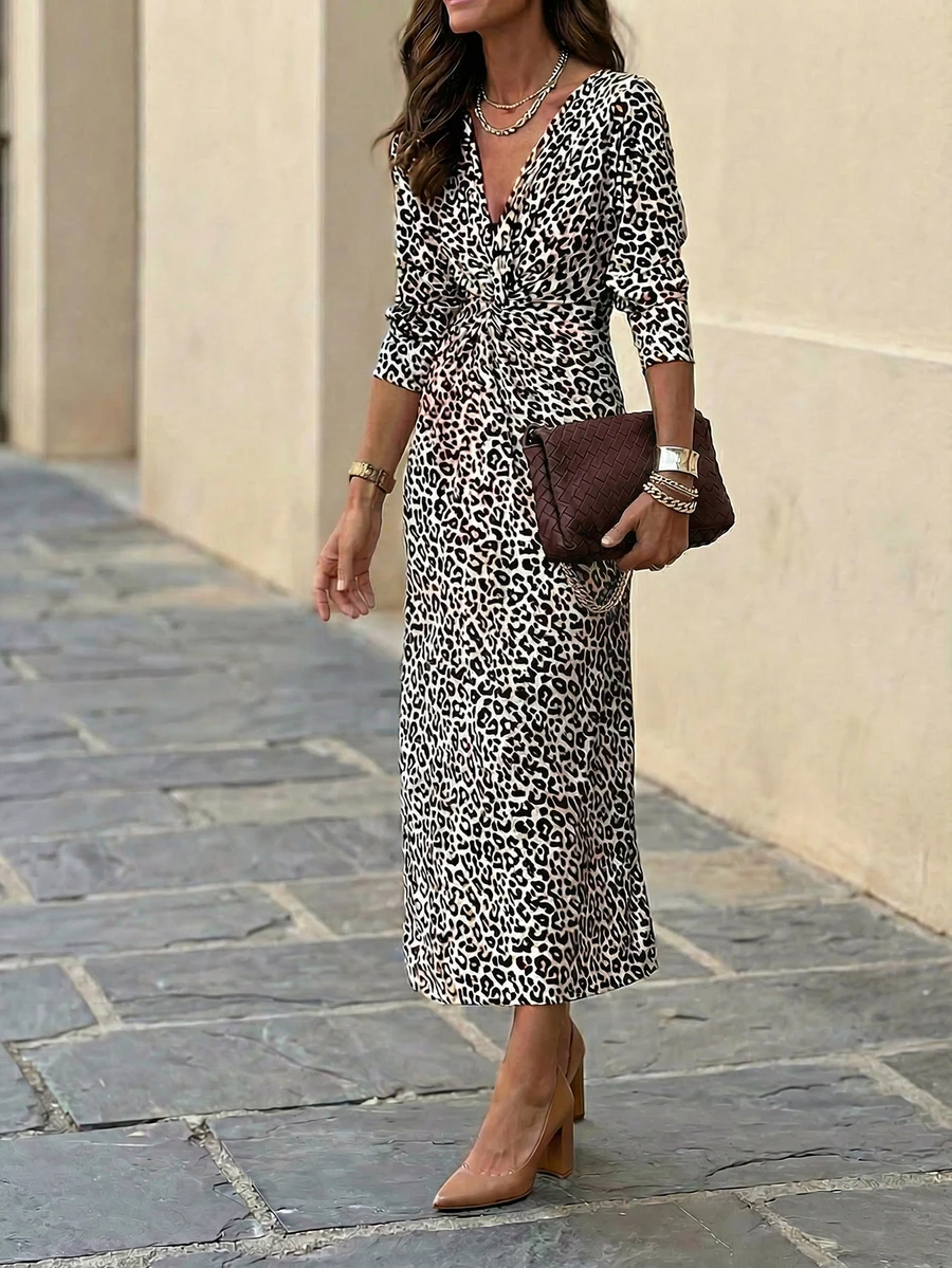 Solstice Apparel Plus Size Leopard Print V-Neck Twist Front Waist Cinched Dress, Long Sleeve Slim Fit Midi Dress, Retro Elegant Style, Perfect For Daily Commute, Outings & Dates, Spring Summer Versatile Dress - Multicolor - View 1