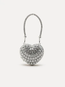 TuEzra 奢华迷你钻石镶嵌心形水晶手拿包宝石晚宴婚礼派对单肩包手柄水钻手提包 - 銀色 - 查看 2