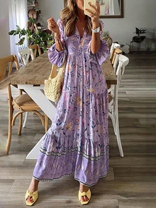 女士优雅印花长连衣裙，褶裥长裙设计，适合约会、日常穿着、旅行，纽扣下摆，长袖，通体印花，修身剪裁 - 紫色 - 查看 1