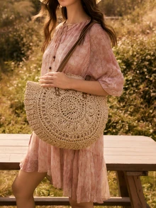 Glizzene Hollow Out Summer Round Bags For Women Rattan Shoulder Bag Girls Handmade Woven Handbags Female Large,Summer,Perfect For Vacation,Holiday,School Bag,Large Capacity,Portable,Classic Casual,For Teen Girls Women College Students ,Vacation Essentials Valentine's Day Wedding - Beige - View 5
