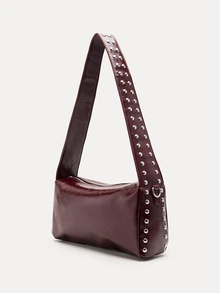 TuEzra 1pc Women's Large Capacity Burgundy Square Handbag With Rivet Decoration, Adjustable Wide Strap, Niche Design, Commuter Underarm Bag, Fashionable Burgundy Bag , Red Bag Valentine's Day - Burgundy - View 3