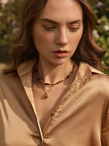 Glizzene 1件/套 复古优雅多层虎眼石吊坠项链，女士双层锁骨链首饰套装，时尚首饰，闺蜜礼物（天然石色及圆/方珠数量和形状随机）情人节婚礼 - 彩色 - 查看 3