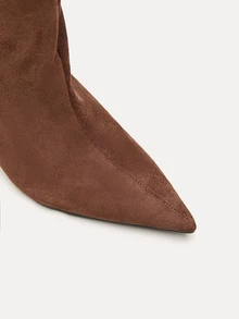 TuEzra 女士时尚麂皮尖头细高跟套脚靴，棕色、卡其色、黑色可选，优雅西部风格派对装扮，秋冬季过膝长靴，猫跟靴