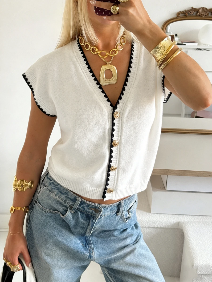 Áo khoác cardigan dệt kim cổ chữ V mở phía trước mới của SEREN dành cho nữ mùa xuân/hè, thanh lịch, thoải mái, dáng rộng, tay ngắn, viền phối màu, áo len mùa hè cho nữ, chiều dài tiêu chuẩn, màu trắng, áo kiểu cho trang phục ngày lễ, lễ hội âm nhạc dành cho nữ - trắng - Xem 1