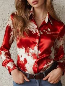 Women's Tie-Dye Long Sleeve Single-Breasted Elegant Fashion Shirt - Red - View 1