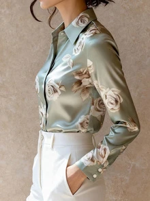 Women's Lightweight Luxurious Satin Rose Print Shirt - Fashionable Fitted Flowy Long Sleeve - Mint Blue - View 2