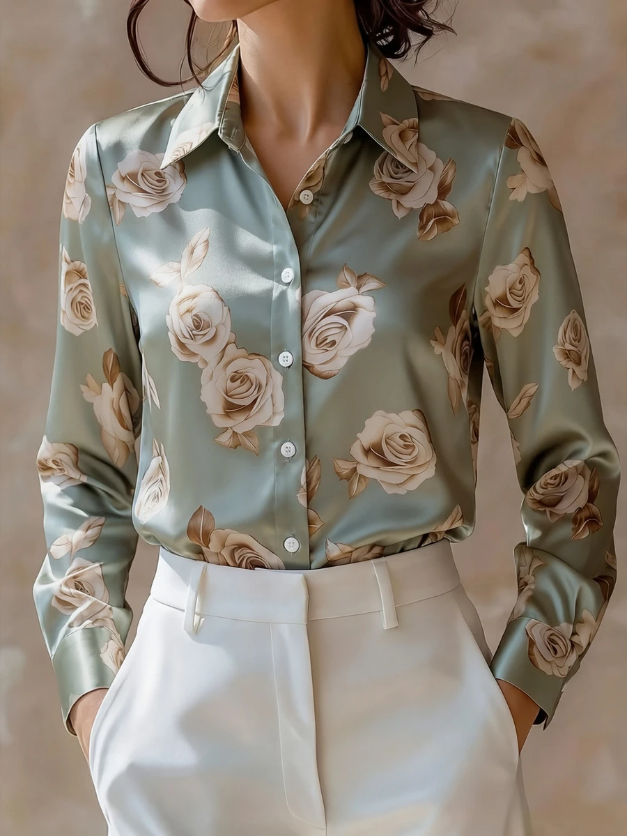 Women's Lightweight Luxurious Satin Rose Print Shirt - Fashionable Fitted Flowy Long Sleeve - Mint Blue - View 1