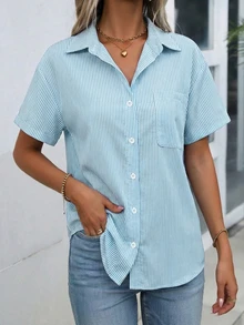 女士条纹开衫衬衫，休闲时尚短袖衬衫，夏季 - 天藍色 - 查看 5