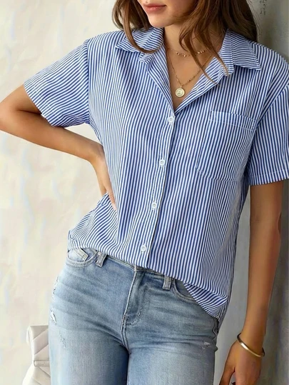 女士条纹衬衫，休闲时尚短袖衬衫，夏季