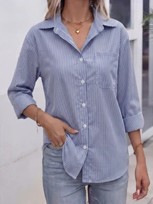 女士条纹宽松休闲长袖开衫衬衫 春季 - 藍色 - 查看 5