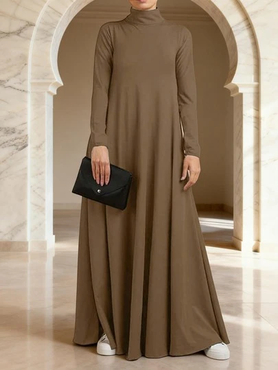 Turtle Neck Long Sleeve Casual Loose Solid Color Dress Elegant Spring