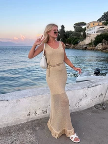 Women's Minimalist Elegant Knit Dress, Casual Chic Style, Spring/Summer - Camel - View 6