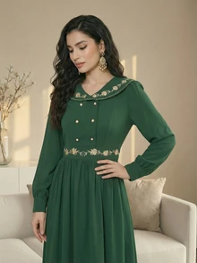 Đầm maxi dài tay cổ điển màu trơn phối nhiều mảnh dành cho nữ mùa xuân/hè, thích hợp cho đám cưới, kỳ nghỉ, tiệc tùng, tiệc tối trang trọng, hẹn hò, thắt eo, cúc ngọc trai, thêu hoa, tay phồng, đầm maxi dài màu xanh lá cây mùa xuân/hè. - Màu xanh lá cây đậm - Xem 8